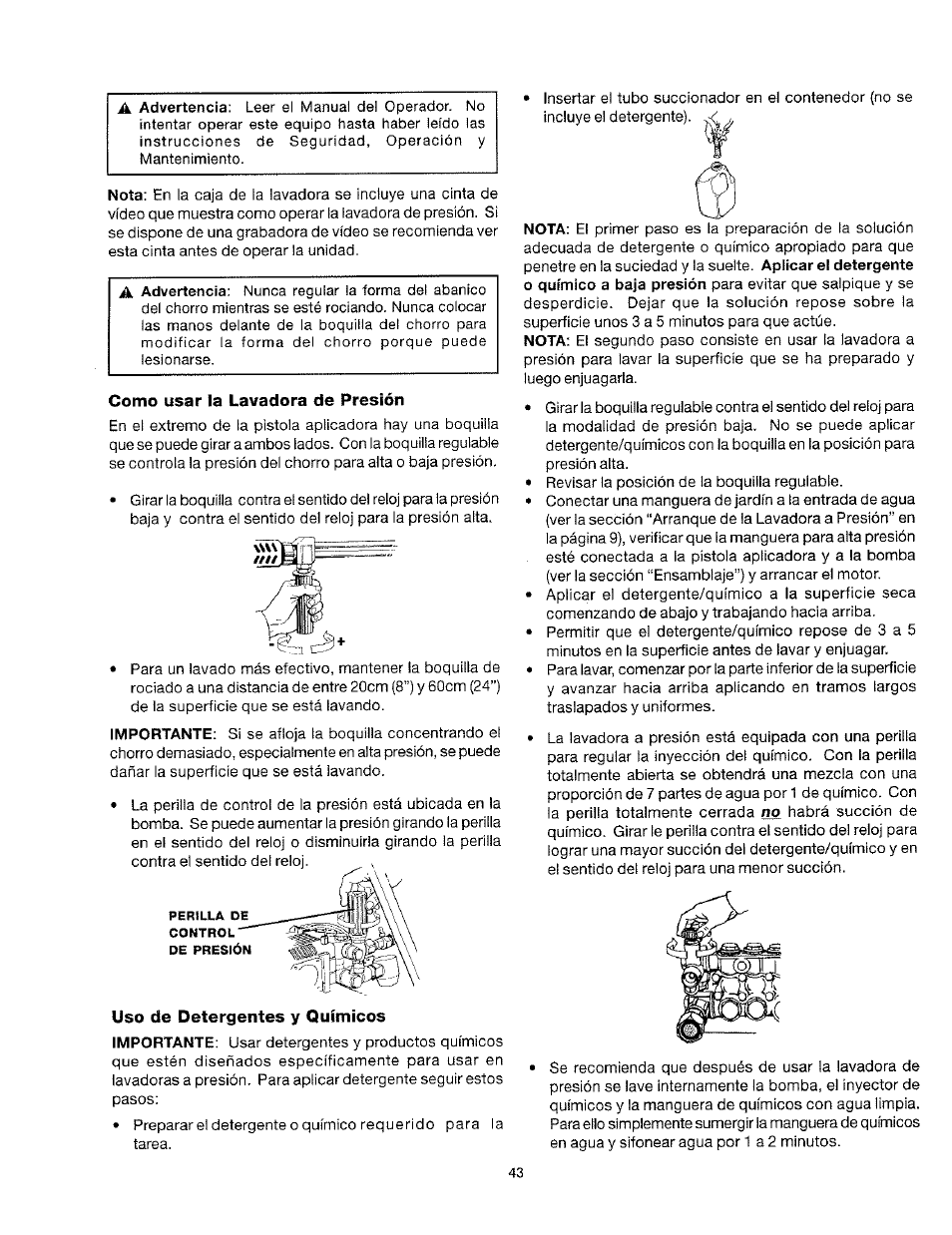 Como usar la lavadora de presión, Uso de detergentes y químicos | Craftsman 919.763010 User Manual | Page 44 / 56