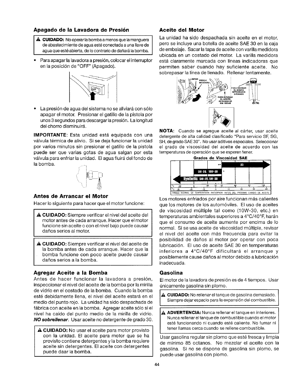 Antes de arrancar el motor, Agregar aceite a la bomba, Gasolina | Apagado de la lavadora de presión, Aceite del motor | Craftsman 919.763010 User Manual | Page 45 / 56