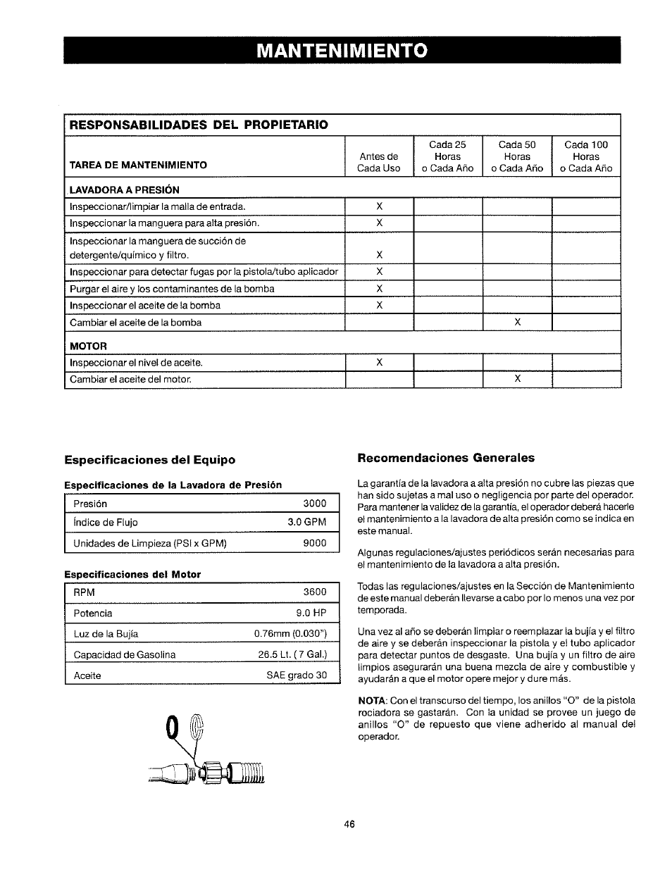 Mantenimiento, Especificaciones del equipo, Recomendaciones generales | Responsabilidades del propietario | Craftsman 919.763010 User Manual | Page 47 / 56