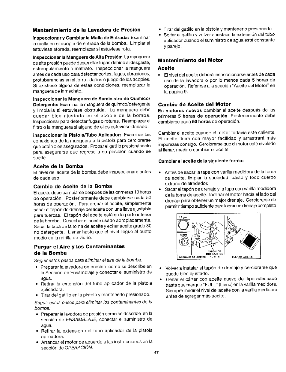 Aceite de la bomba, Cambio de aceite de la bomba, Purgar el aire y los contaminantes de la bomba | Mantenimiento del motor aceite, Cambio de aceite del motor, Mantenimiento de la lavadora de presión | Craftsman 919.763010 User Manual | Page 48 / 56