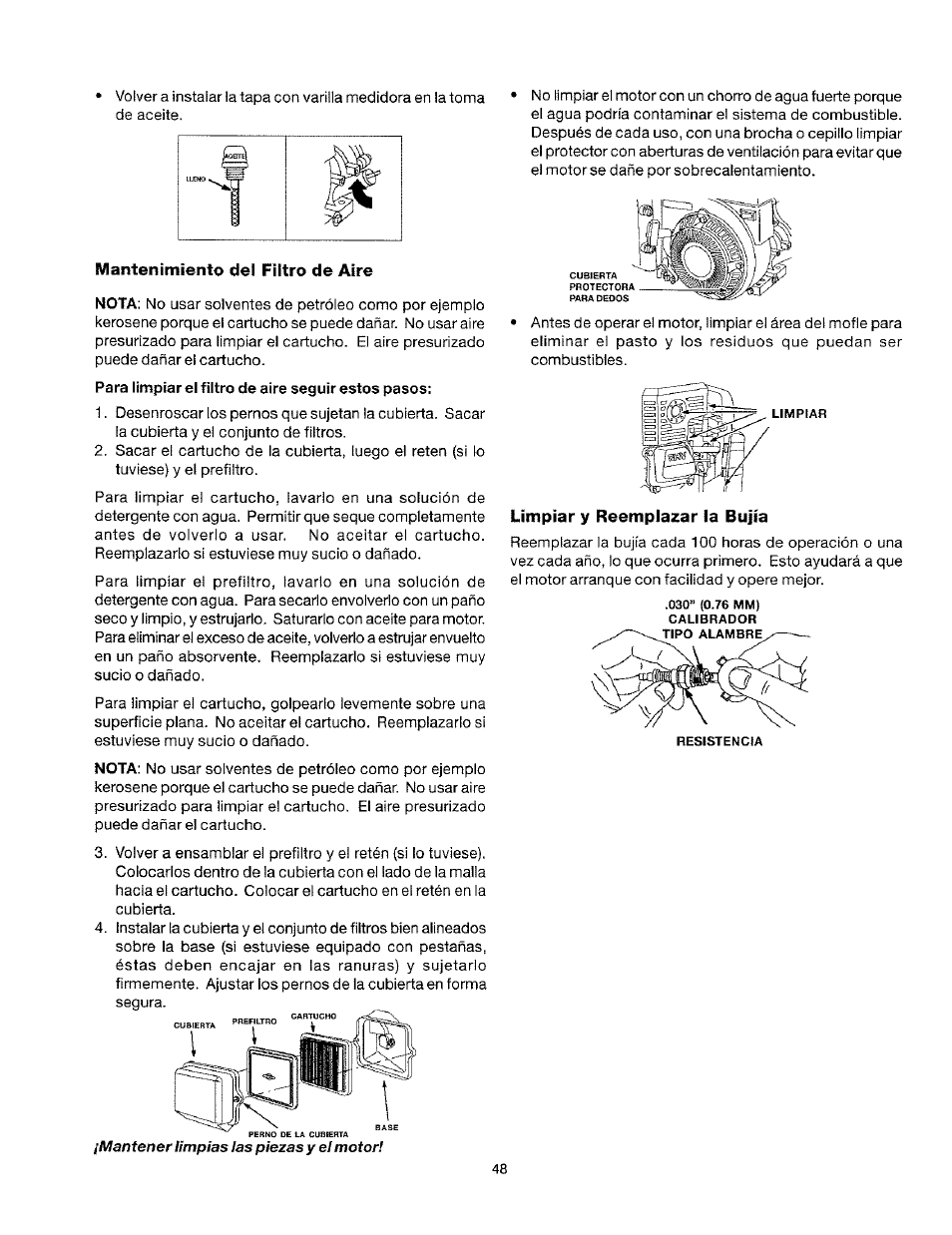 Mantenimiento del filtro de aire, Timpiar y reemplazar la bujía, Mantener ¡impías ¡as piezas y e¡ motor | Craftsman 919.763010 User Manual | Page 49 / 56