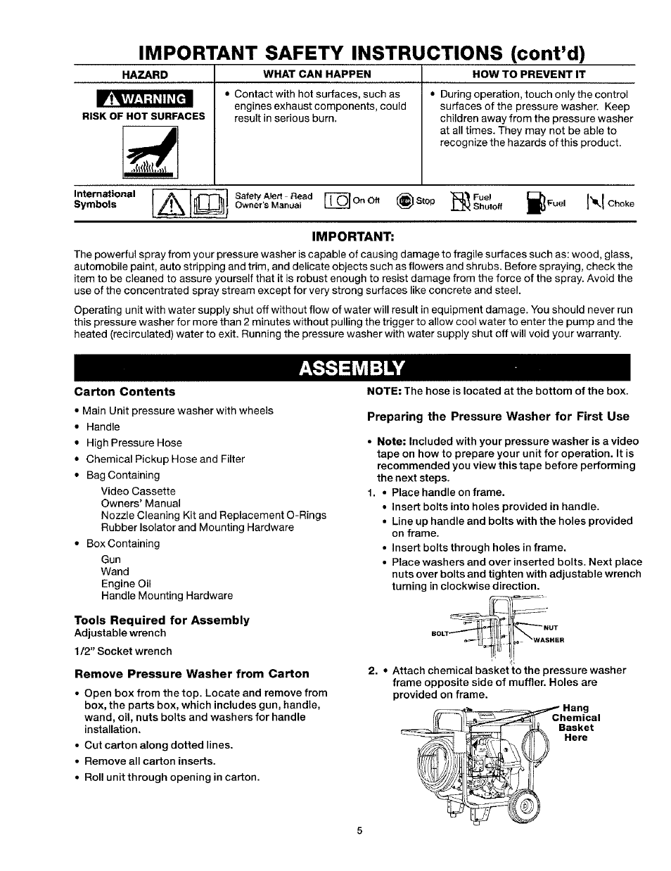 Important safety instructions (contad), Important, Assembly | Carton contents, Tools required for assembly, Remove pressure washer from carton, Lalm | Craftsman 919.763010 User Manual | Page 5 / 56