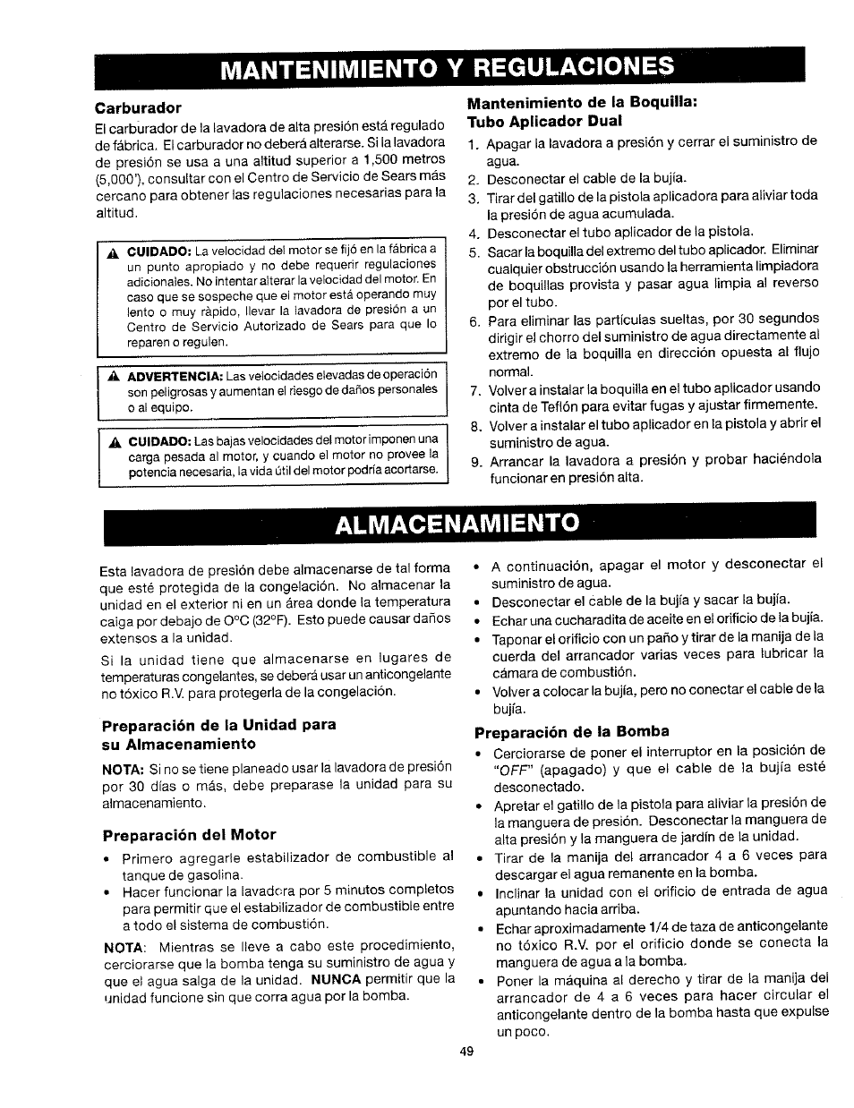 Mantenimiento y regulaciones, Carburador, Mantenimiento de la boquilla | Almacenamiento, Preparación de la unidad para su almacenamiento, Preparación del motor, Mantenimiento de la boquilla: tubo aplícador dual, Preparación de la bomba | Craftsman 919.763010 User Manual | Page 50 / 56