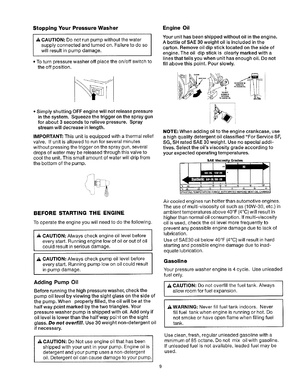 Before starting the engine, Adding pump oil, Gasoline | Stopping your pressure washer, Engine oil | Craftsman 919.763010 User Manual | Page 9 / 56
