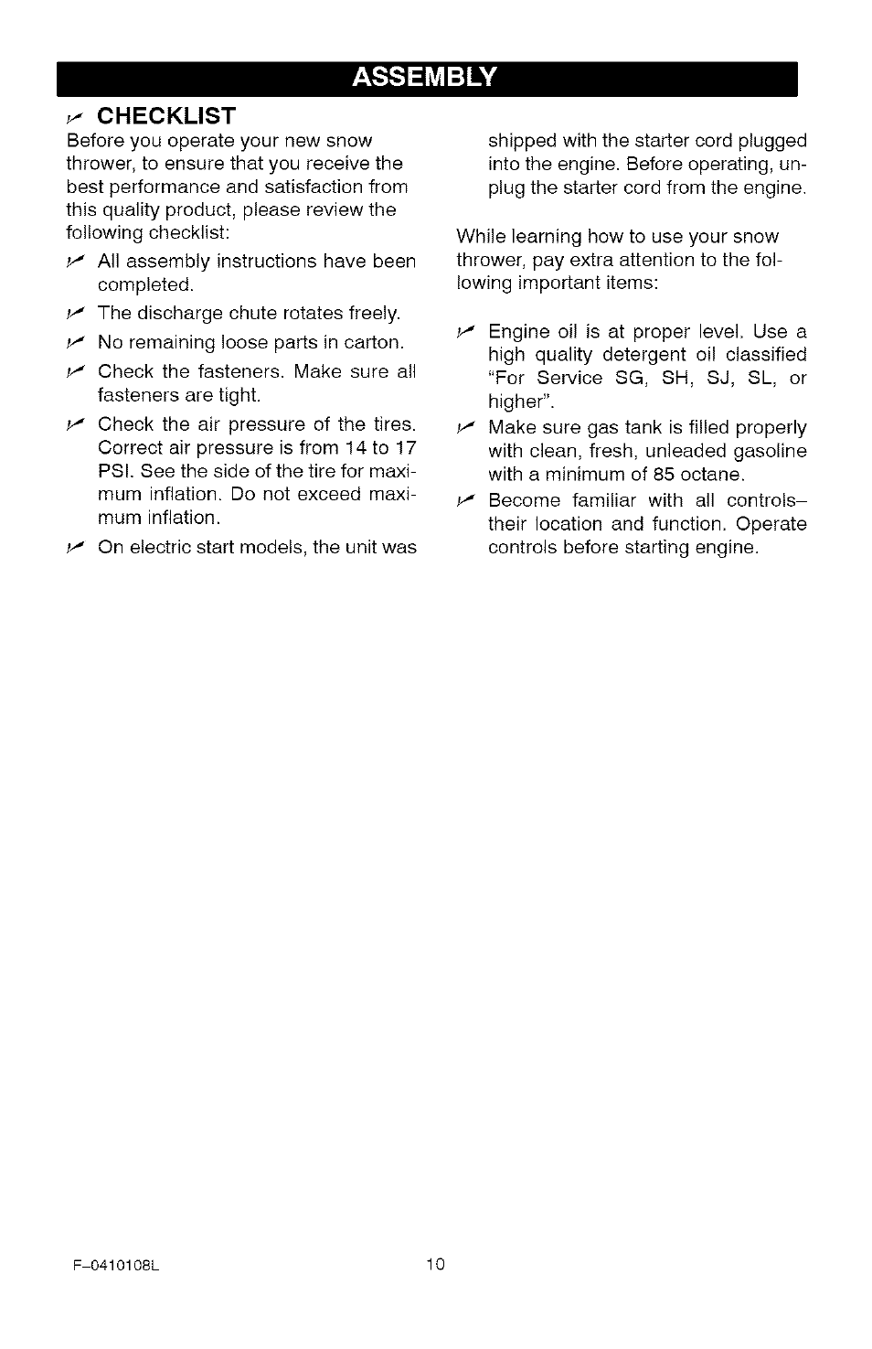 Checklist, Assembly | Craftsman 536.881800 User Manual | Page 10 / 100