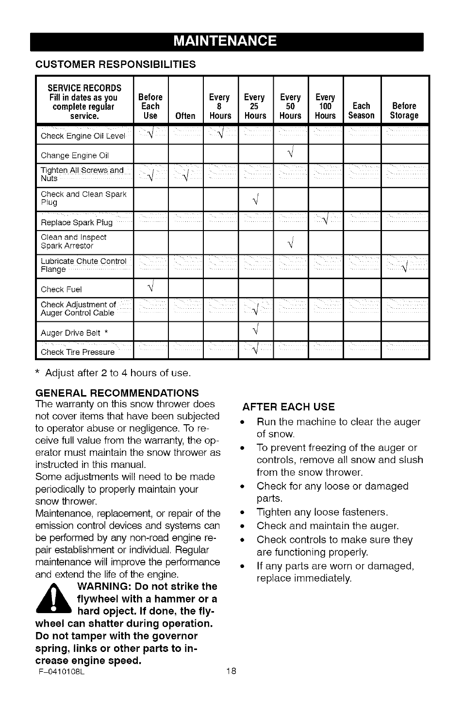 Maintenance, Customer responsibilities, General recommendations | After each use | Craftsman 536.881800 User Manual | Page 18 / 100