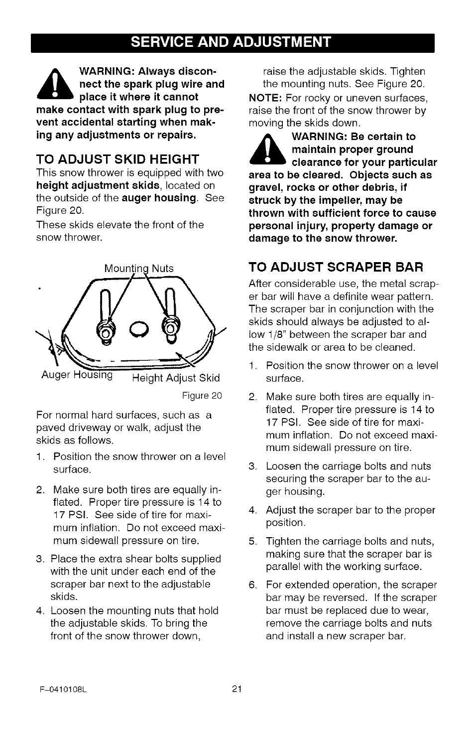 To adjust skid height, To adjust scraper bar, Service and adjustment | Craftsman 536.881800 User Manual | Page 21 / 100