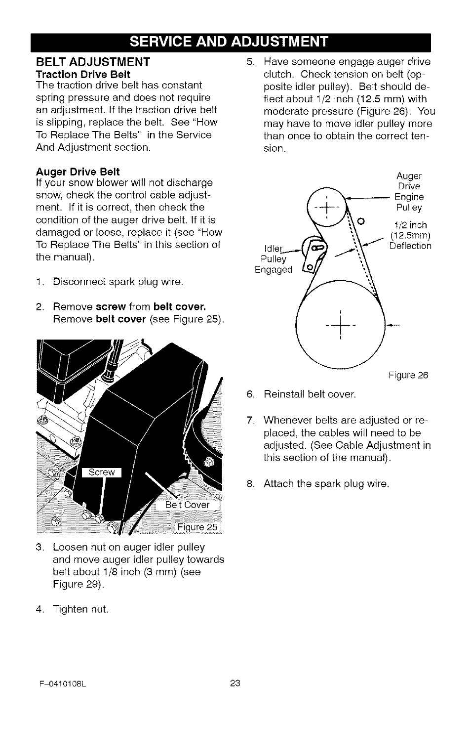 Service and adjustment, Traction drive belt, Auger drive belt | Screw, Belt cover | Craftsman 536.881800 User Manual | Page 23 / 100