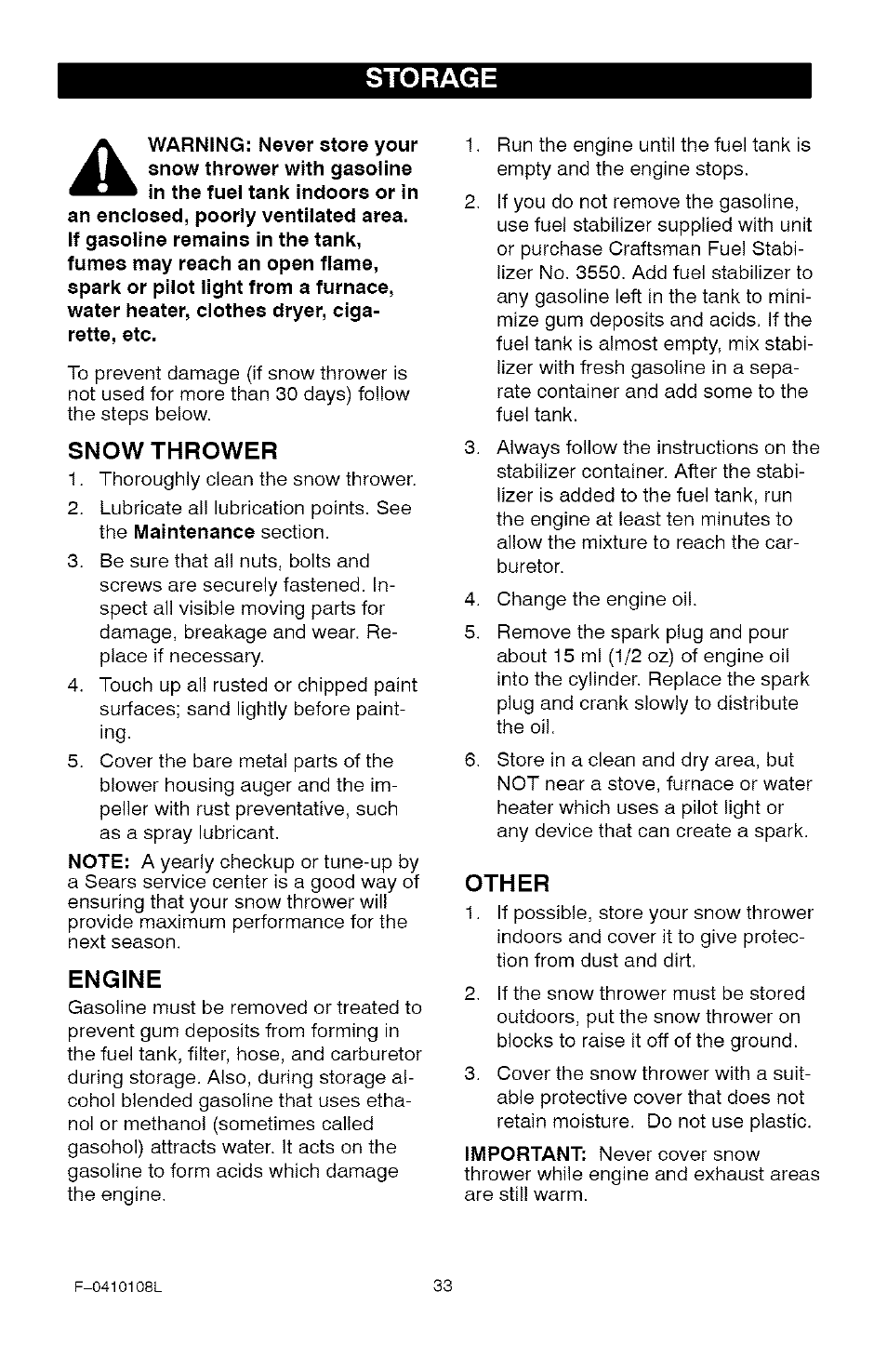 Storage, Snow thrower, Engine | Other | Craftsman 536.881800 User Manual | Page 33 / 100