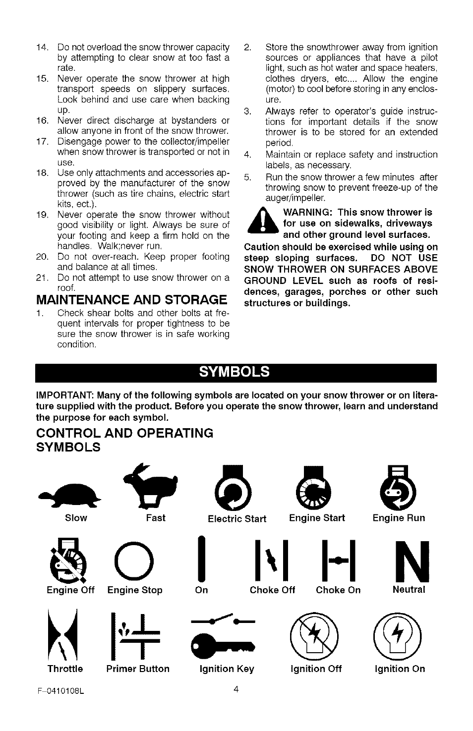 Maintenance and storage, Symbols, Control and operating symbols | Craftsman 536.881800 User Manual | Page 4 / 100