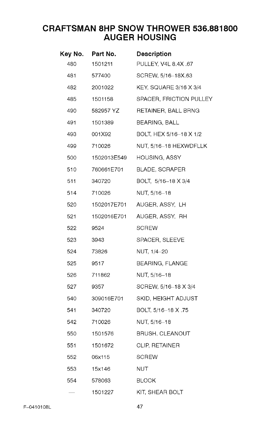 Key no. part no. description | Craftsman 536.881800 User Manual | Page 47 / 100