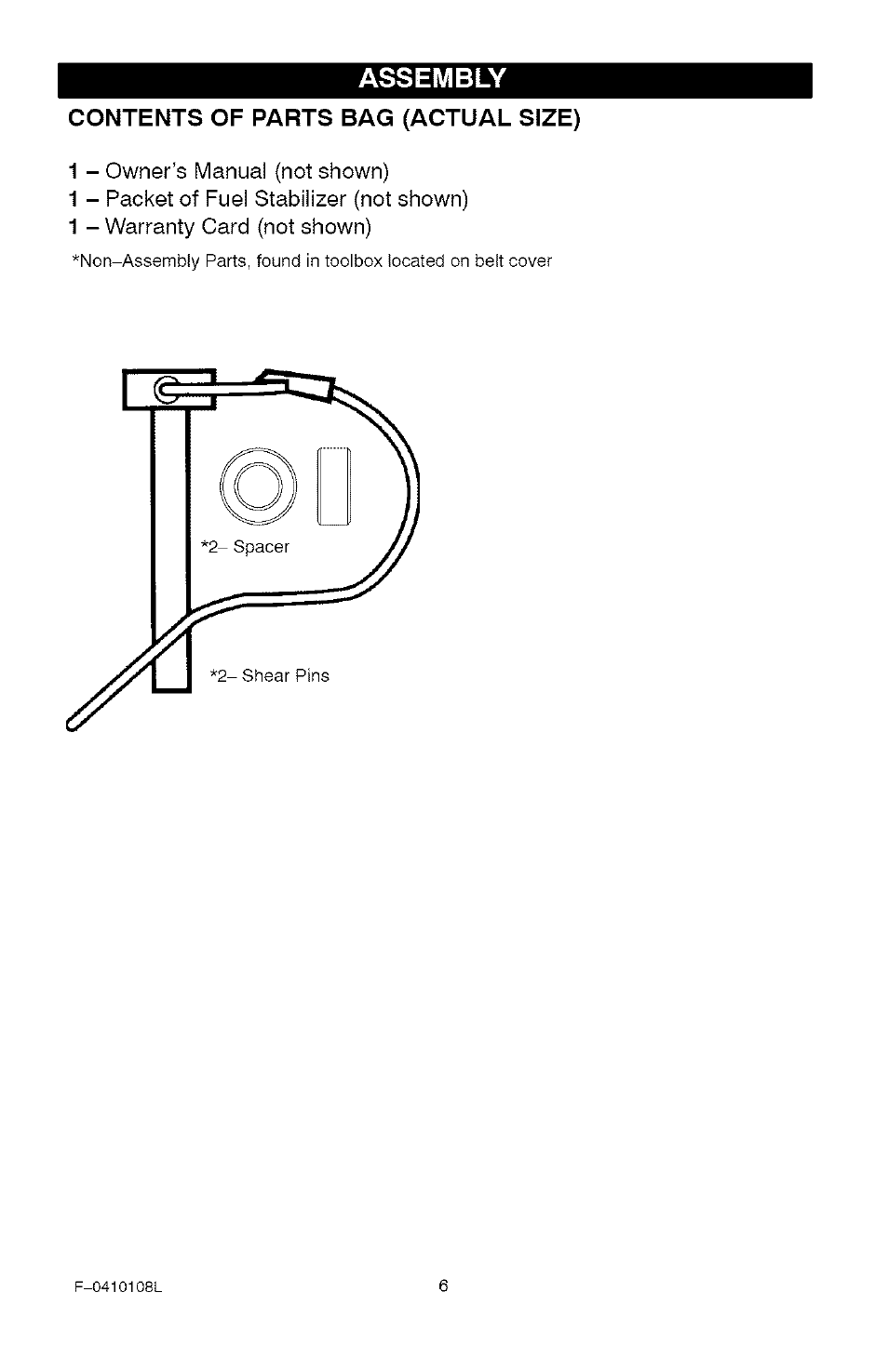 Contents of parts bag (actual size), Assembly | Craftsman 536.881800 User Manual | Page 6 / 100