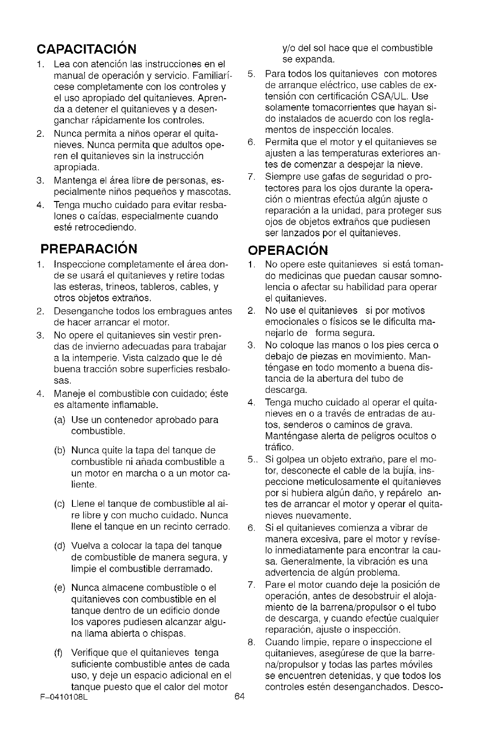 Operación, Capacitacion, Preparación | Craftsman 536.881800 User Manual | Page 64 / 100