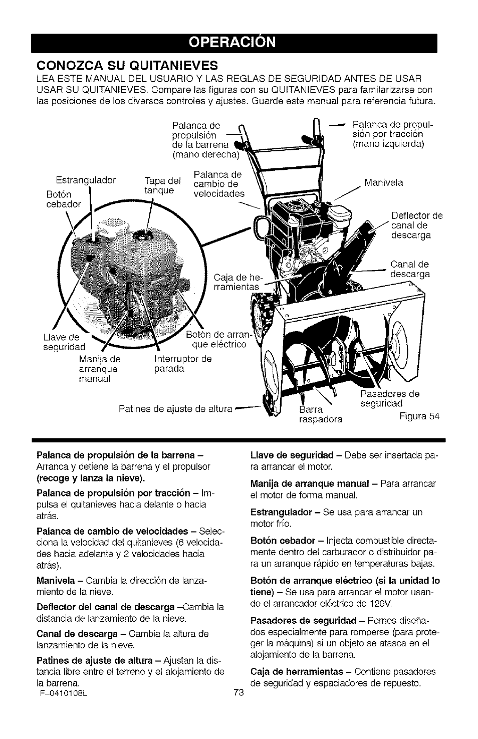 Conozca su quitanieves, Operacion | Craftsman 536.881800 User Manual | Page 73 / 100