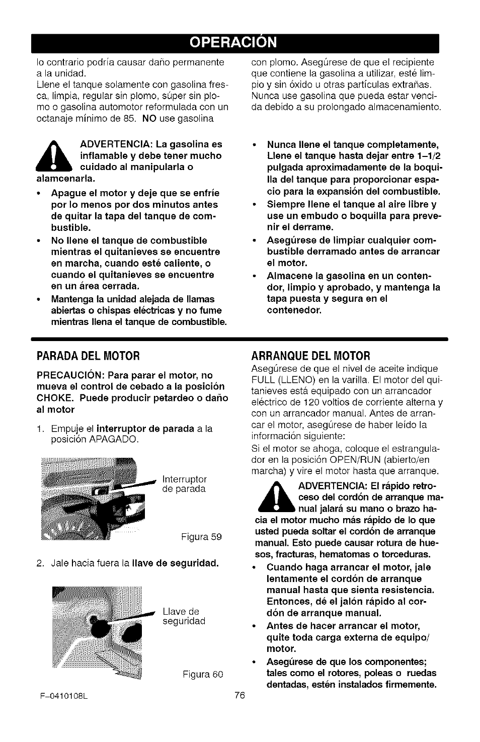 Operacion, Parada del motor, Arranque del motor | Craftsman 536.881800 User Manual | Page 76 / 100