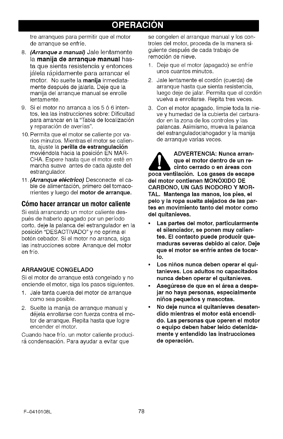 Operacion, Manija de arranque manual, Cómo hacer arrancar un motor caliente | Craftsman 536.881800 User Manual | Page 78 / 100