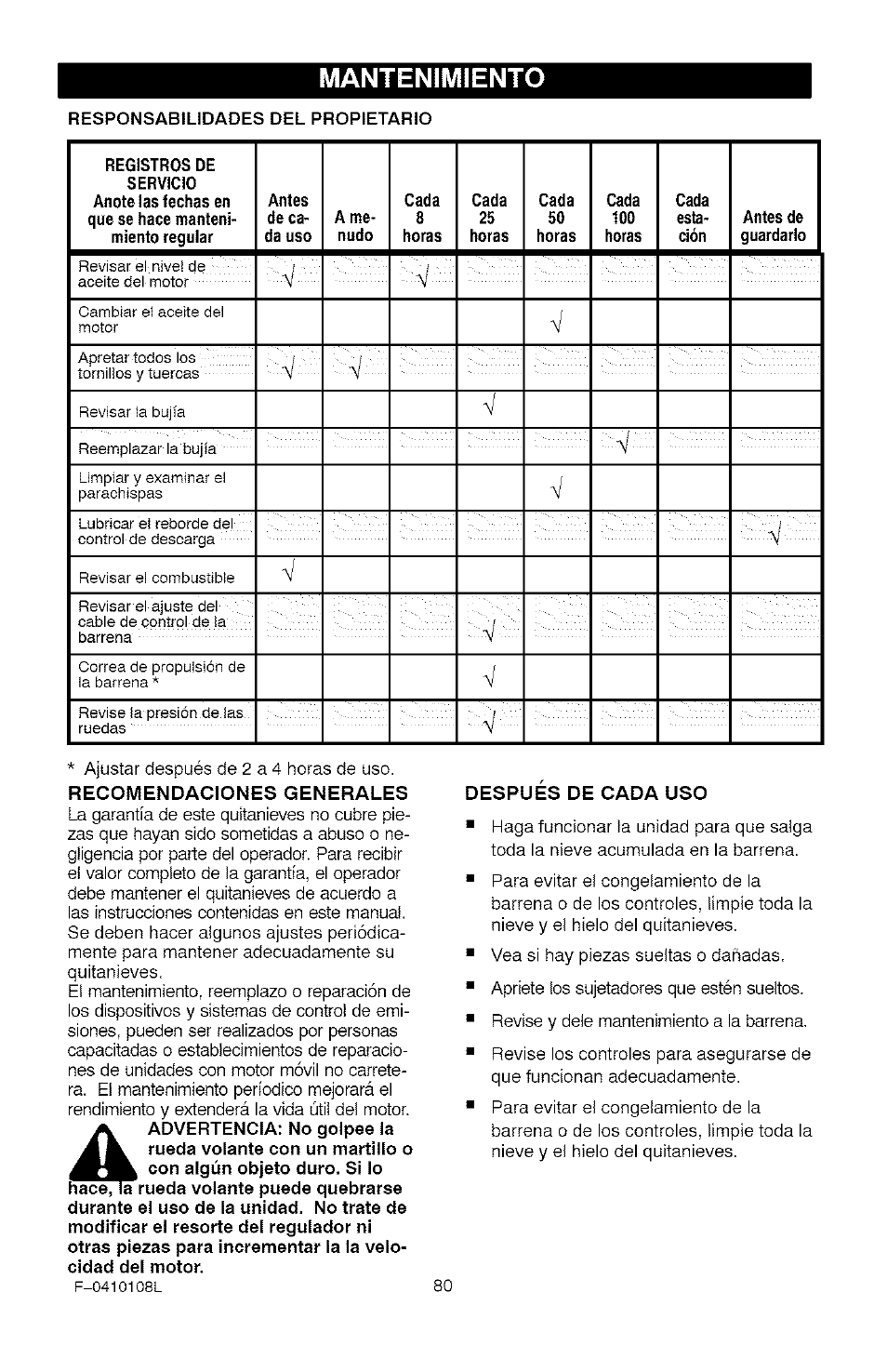 Mantenimiento, Recomendaciones generales, Despues de cada uso | Craftsman 536.881800 User Manual | Page 80 / 100