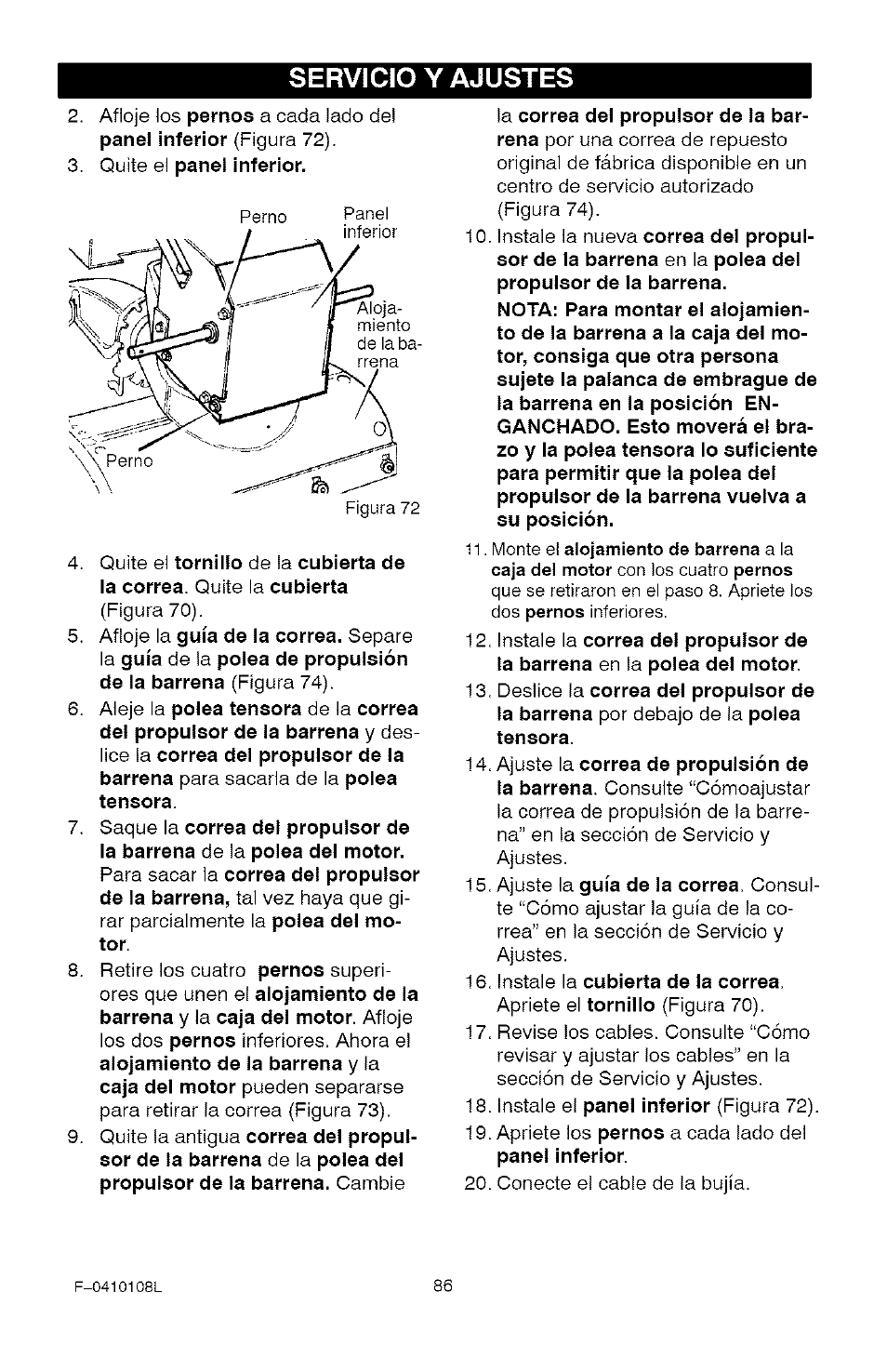 Servicio y ajustes | Craftsman 536.881800 User Manual | Page 86 / 100