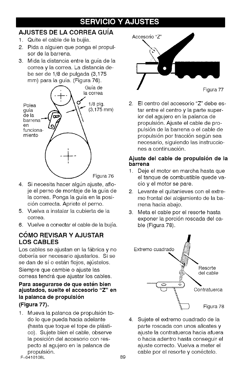 Servicio y ajustes, Ajuste del cable de propulsión de la barrena | Craftsman 536.881800 User Manual | Page 89 / 100