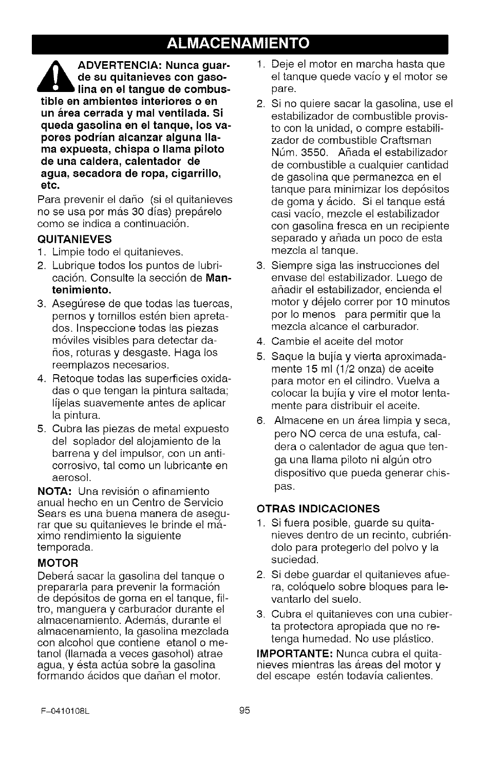 Almacenamiento | Craftsman 536.881800 User Manual | Page 95 / 100