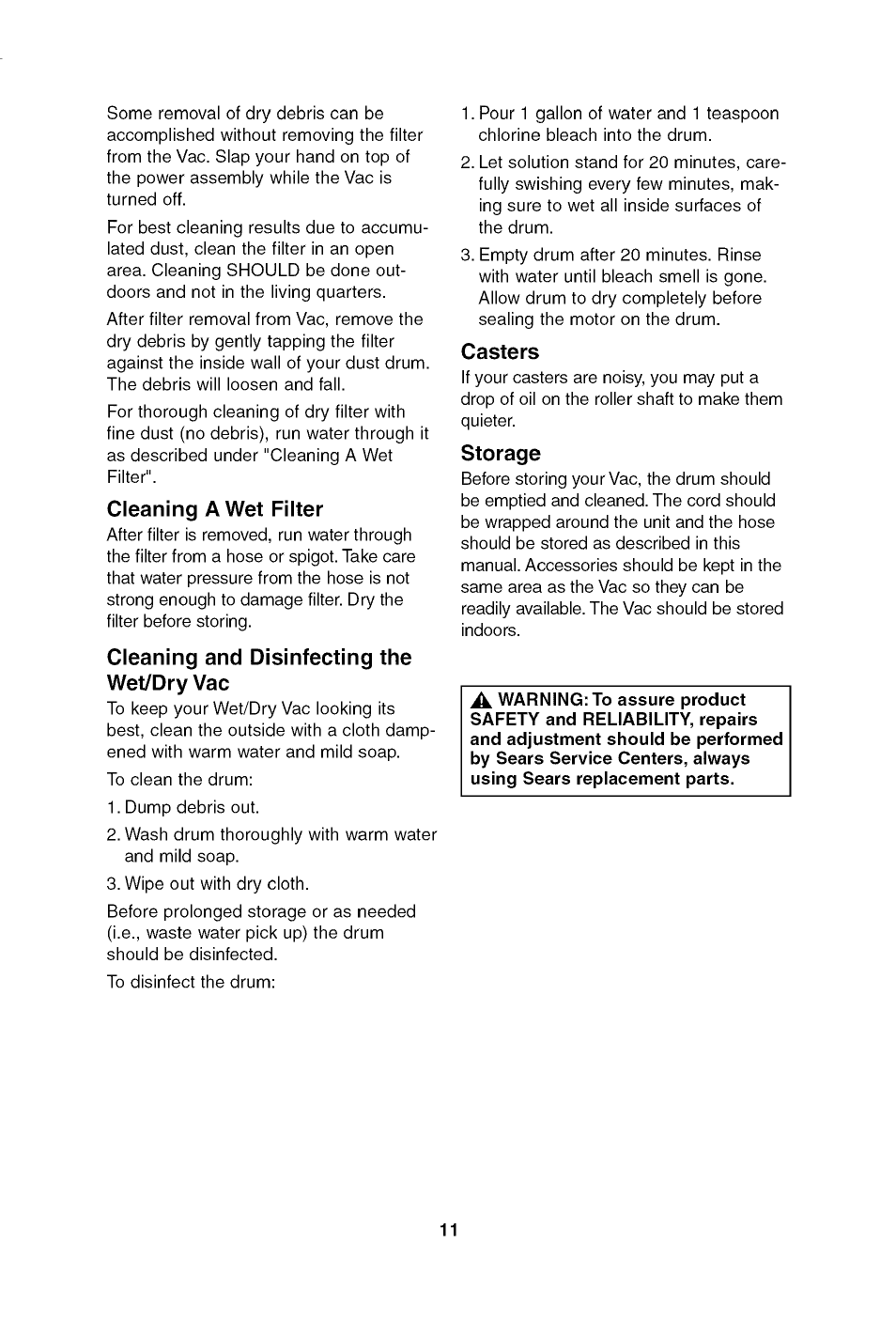 Cleaning a wet filter, Cleaning and disinfecting the wet/dry vac, Casters | Storage | Craftsman 113.179650 User Manual | Page 11 / 28