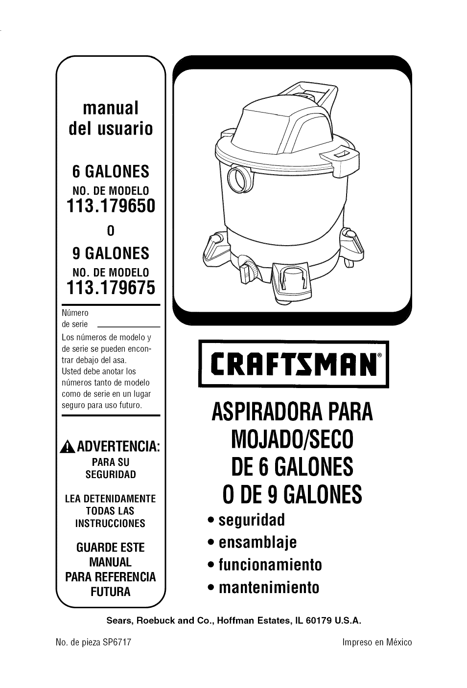 No. de modelo, Manual del usuario, 6 galones | 9 galones | Craftsman 113.179650 User Manual | Page 15 / 28