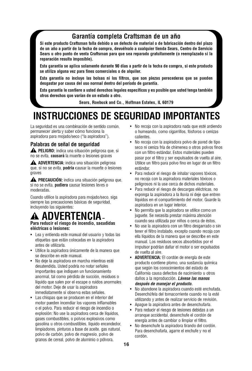 A advertencia, Instrucciones de seguridad importantes, Garantía completa craftsman de un año | Craftsman 113.179650 User Manual | Page 16 / 28