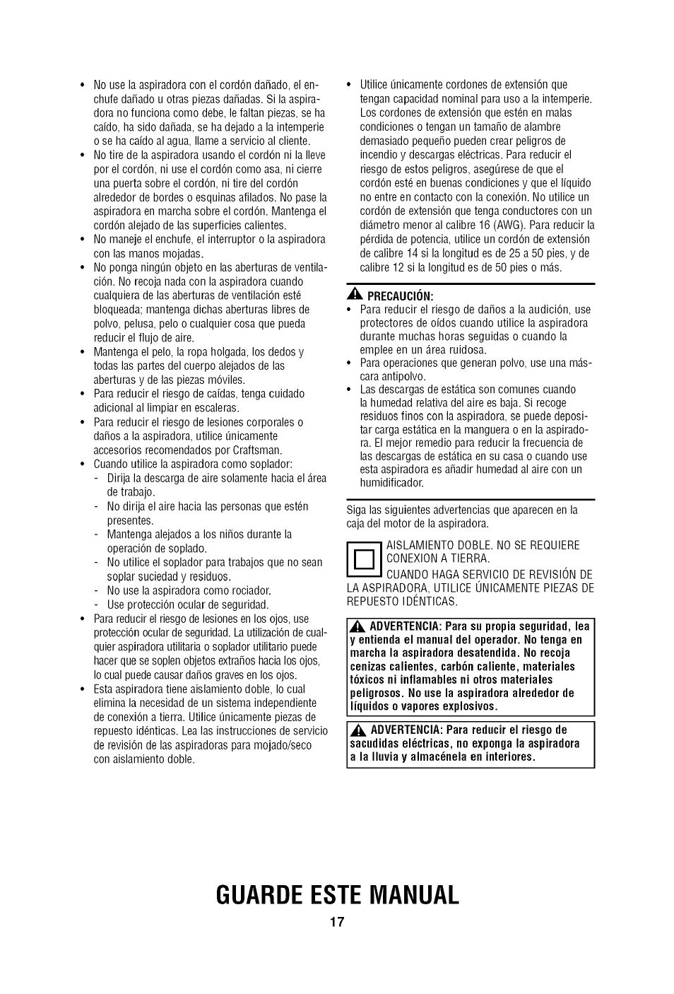 Guarde este manual | Craftsman 113.179650 User Manual | Page 17 / 28