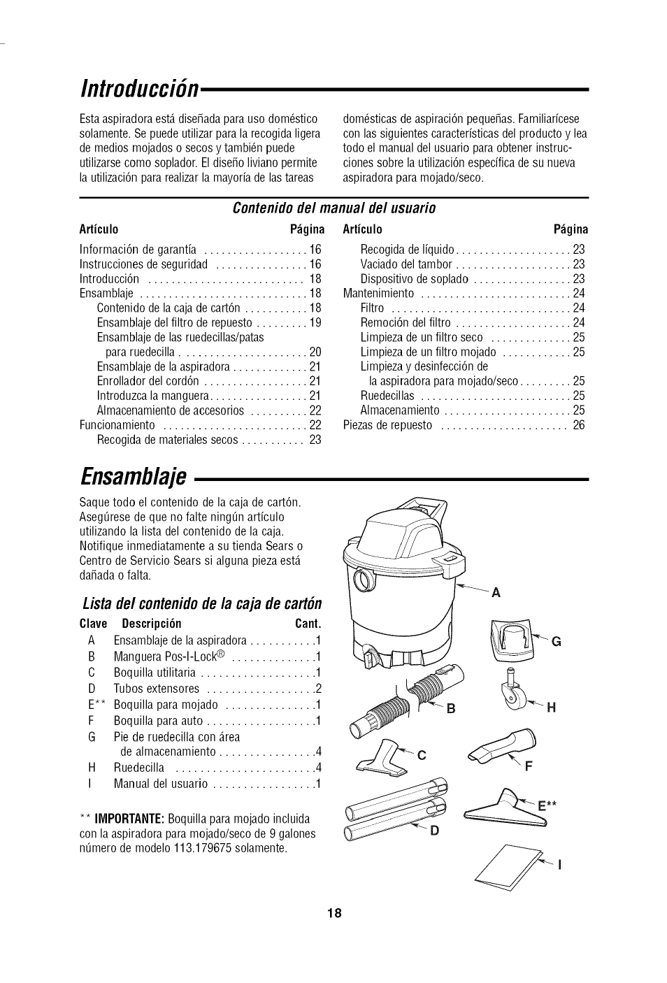 Introducción, Ensamblaje | Craftsman 113.179650 User Manual | Page 18 / 28