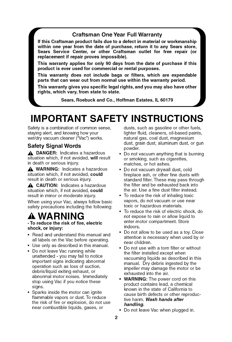 Safety signal words, Important safety instructions, A warning | Craftsman one year full warranty | Craftsman 113.179650 User Manual | Page 2 / 28