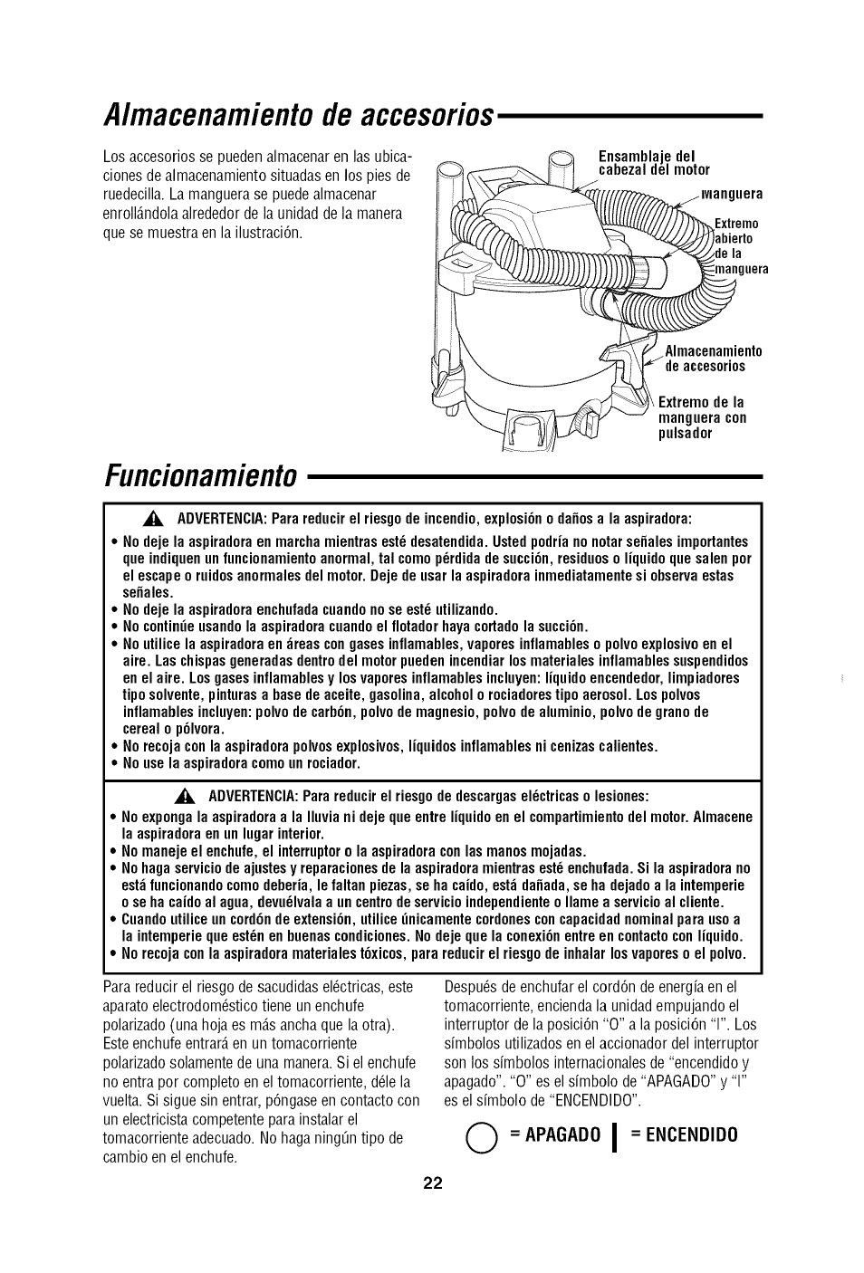 Almacenamiento de accesorios, Funcionamiento | Craftsman 113.179650 User Manual | Page 22 / 28