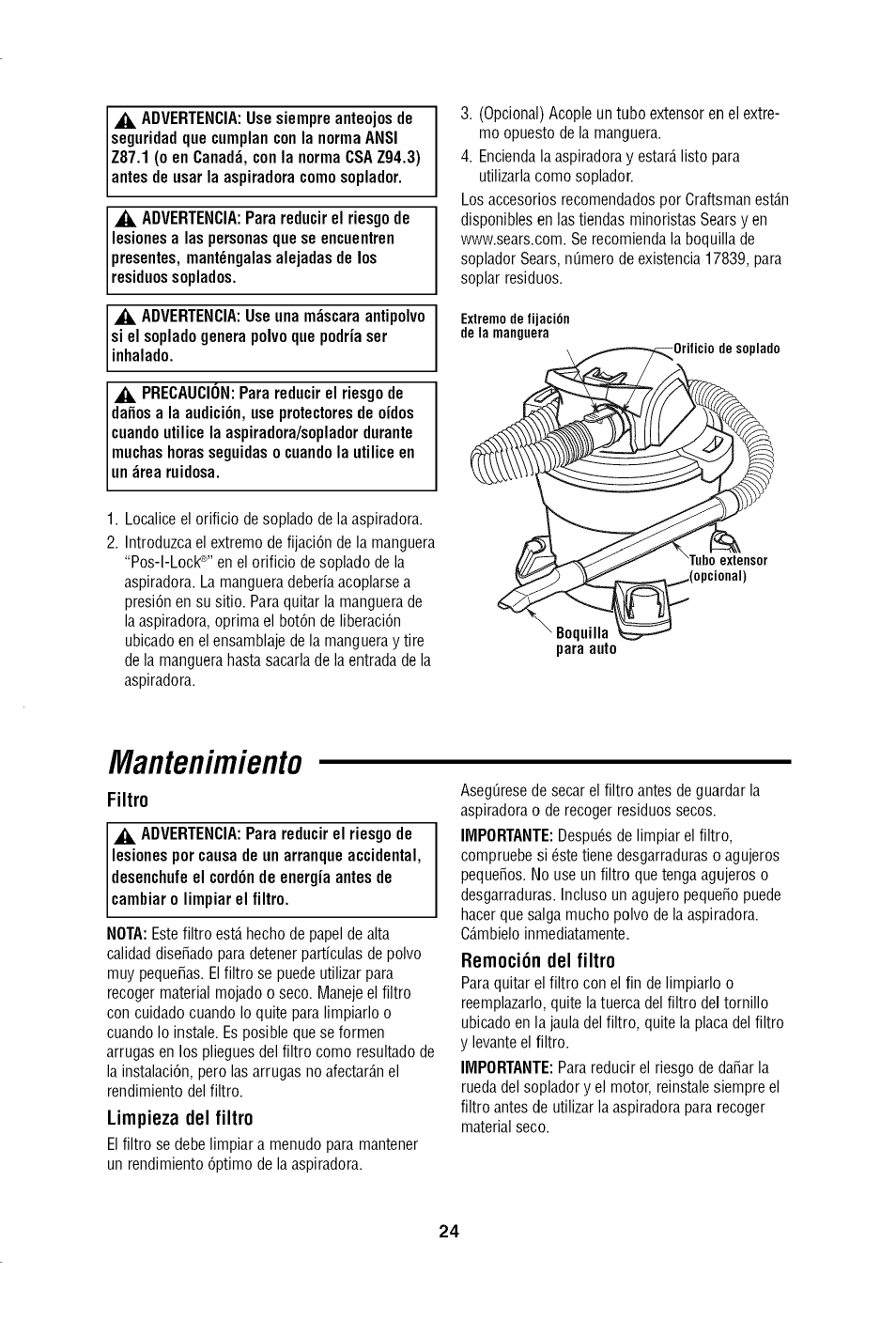 Mantenimiento | Craftsman 113.179650 User Manual | Page 24 / 28