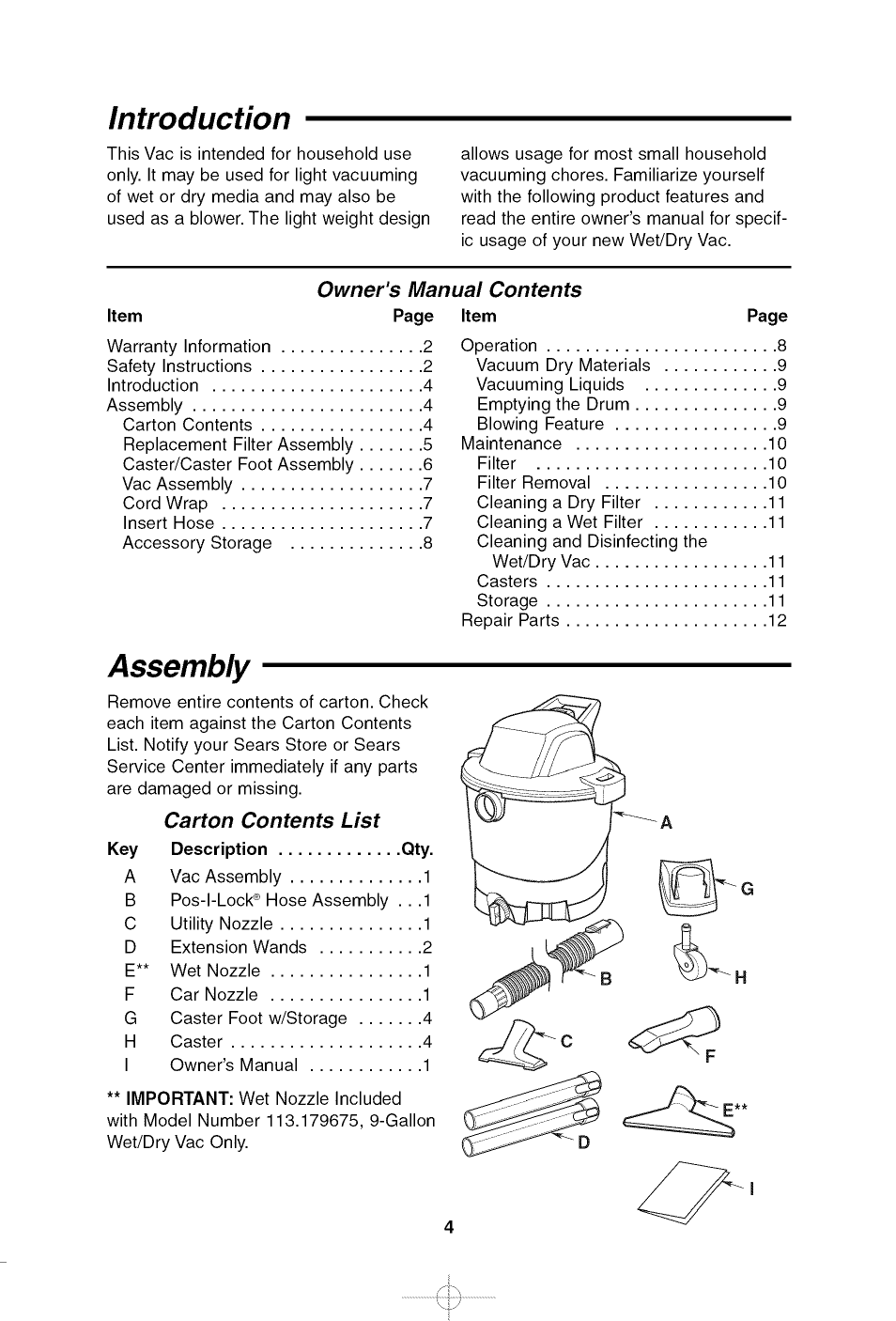 Introduction, Assembly | Craftsman 113.179650 User Manual | Page 4 / 28