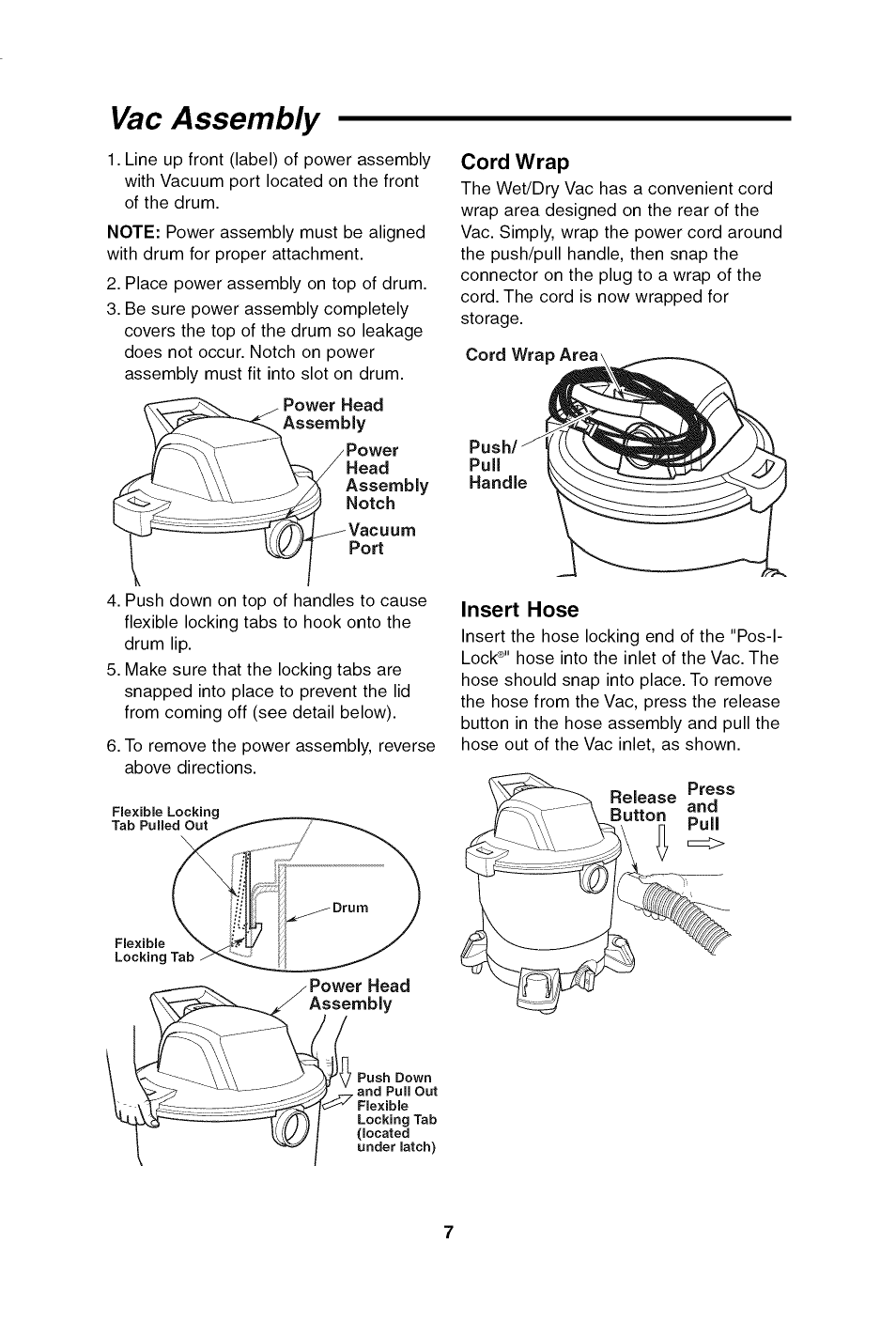 Cord wrap, Insert hose, Vac assembly | Craftsman 113.179650 User Manual | Page 7 / 28