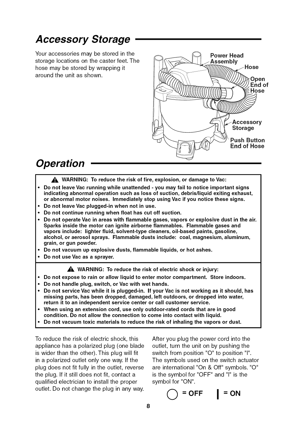 Q =off i =on, Accessory storage, Operation | Craftsman 113.179650 User Manual | Page 8 / 28