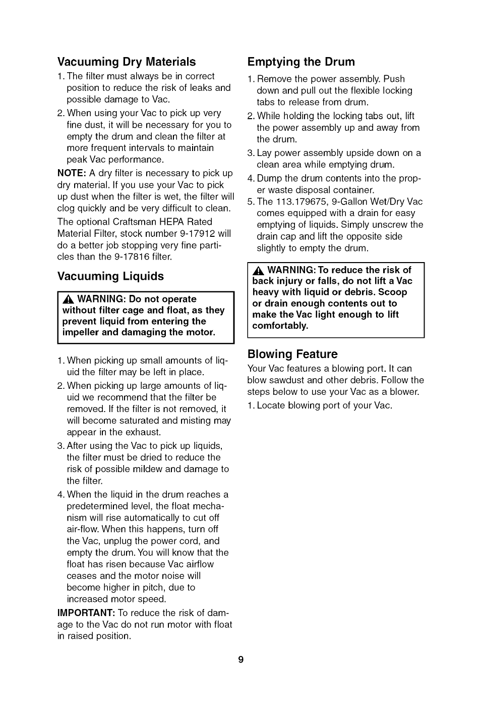 Vacuuming dry materials, Vacuuming liquids, Emptying the drum | Blowing feature | Craftsman 113.179650 User Manual | Page 9 / 28