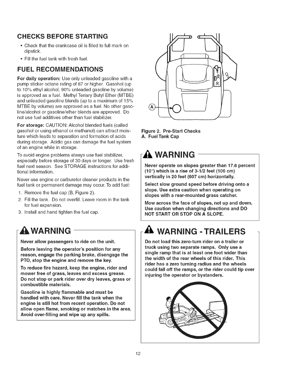 Checks before starting, Fuel recommendations, Awarning | A warning, A warning - trailers, Warning | Craftsman 107.27768 User Manual | Page 12 / 98