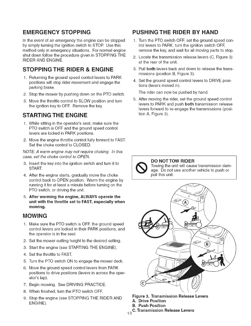 Pushing the rider by hand, Stopping the rider & engine, Starting the engine | Mowing, Emergency stopping | Craftsman 107.27768 User Manual | Page 13 / 98