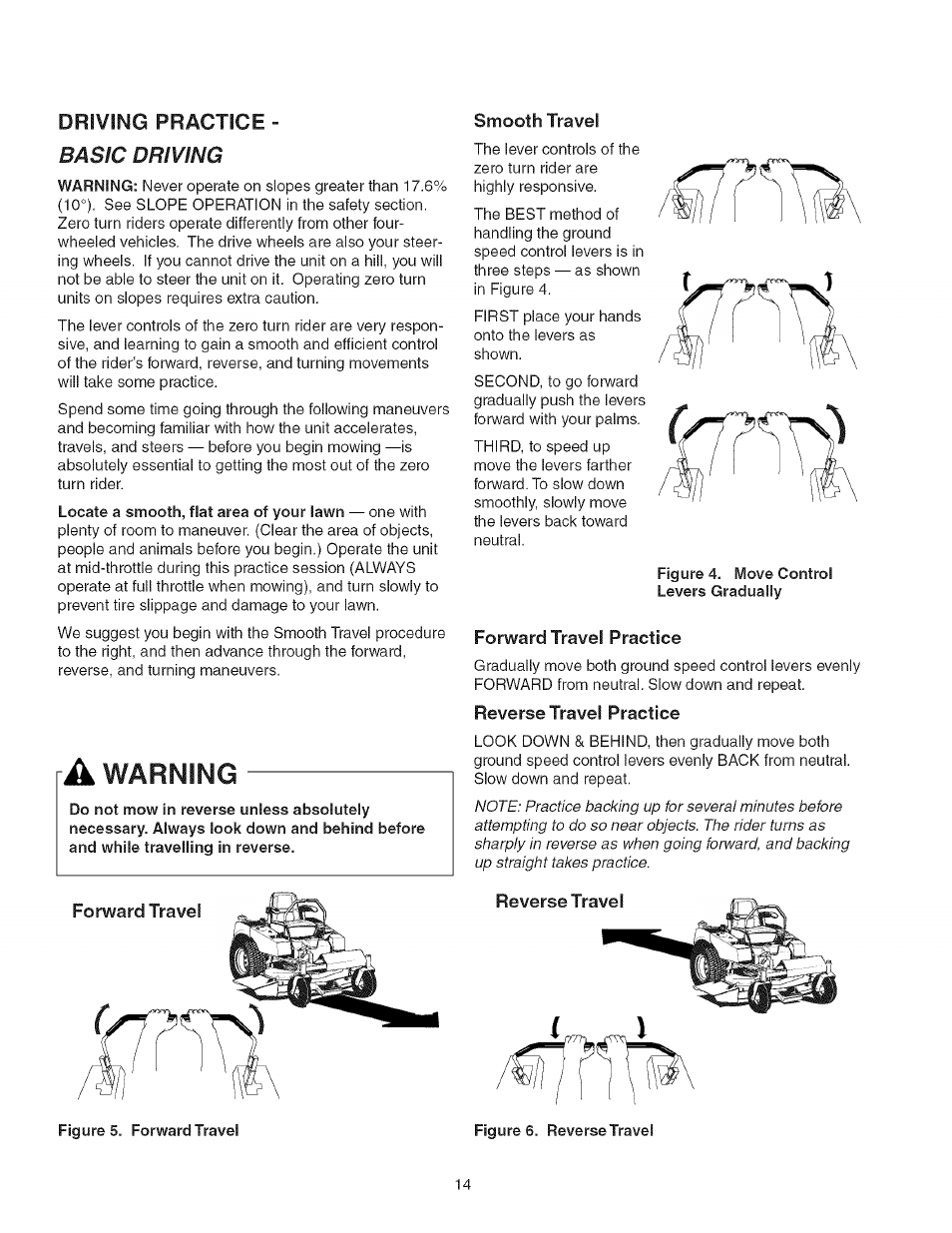 Driving practice - basic driving, A warning, Smooth travel | Forward travel practice, Reverse travel practice, Reverse travel | Craftsman 107.27768 User Manual | Page 14 / 98