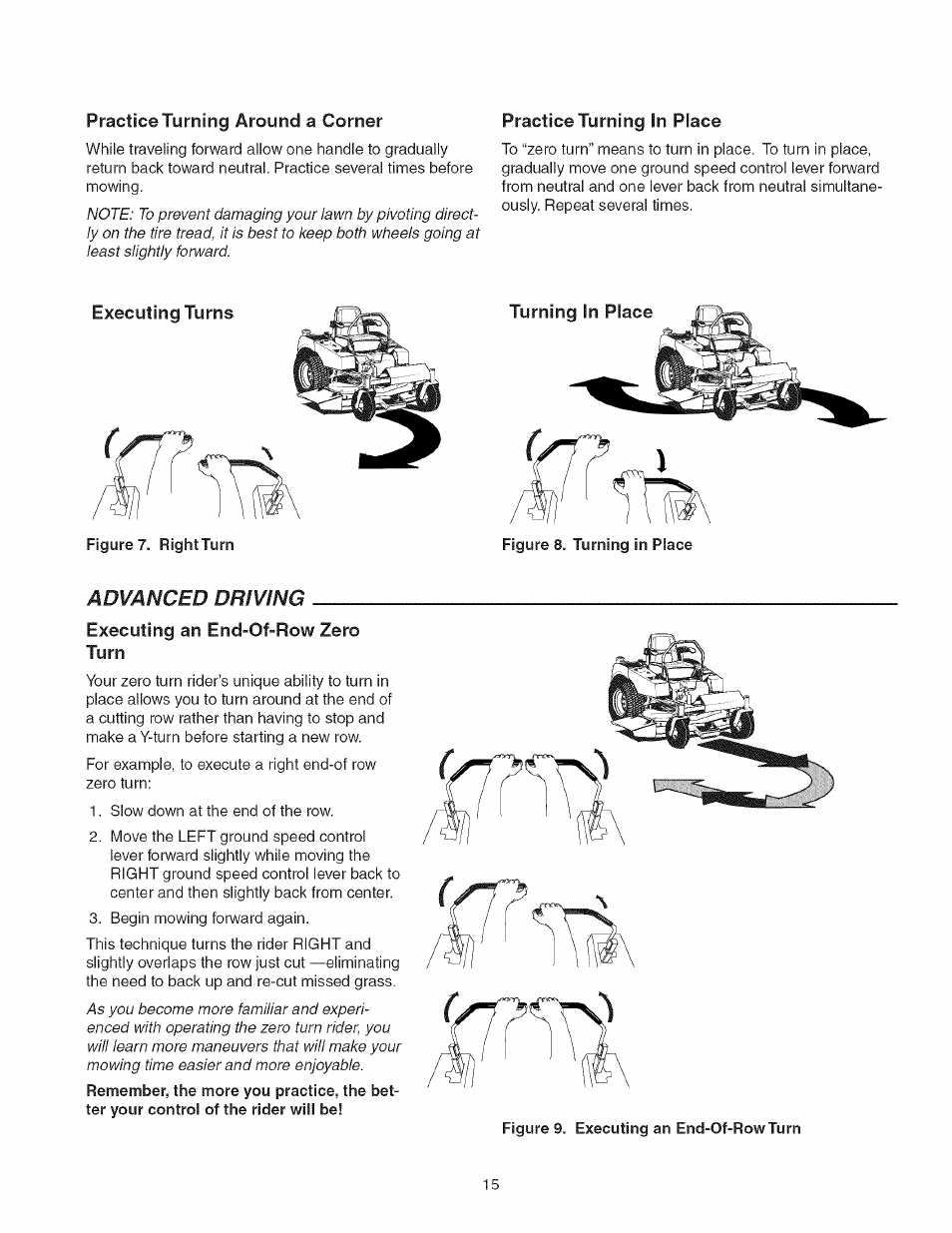 Practice turning around a corner, Practice turning in place, Executing turns | Turning in place, Executing an end-of-row zero turn, Advanced driving | Craftsman 107.27768 User Manual | Page 15 / 98