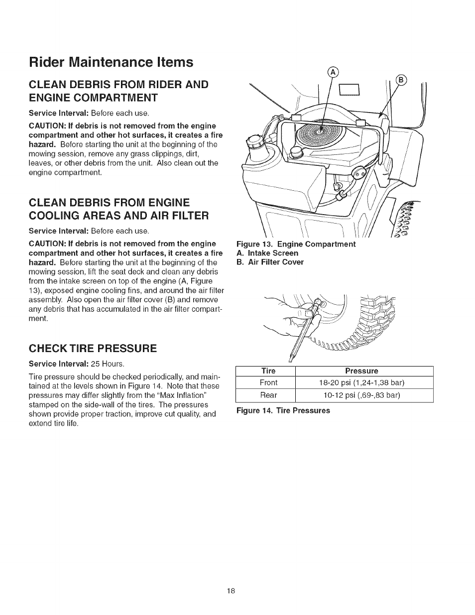 Rider maintenance items, Clean debris from rider and engine compartment, Checktire pressure | Craftsman 107.27768 User Manual | Page 18 / 98