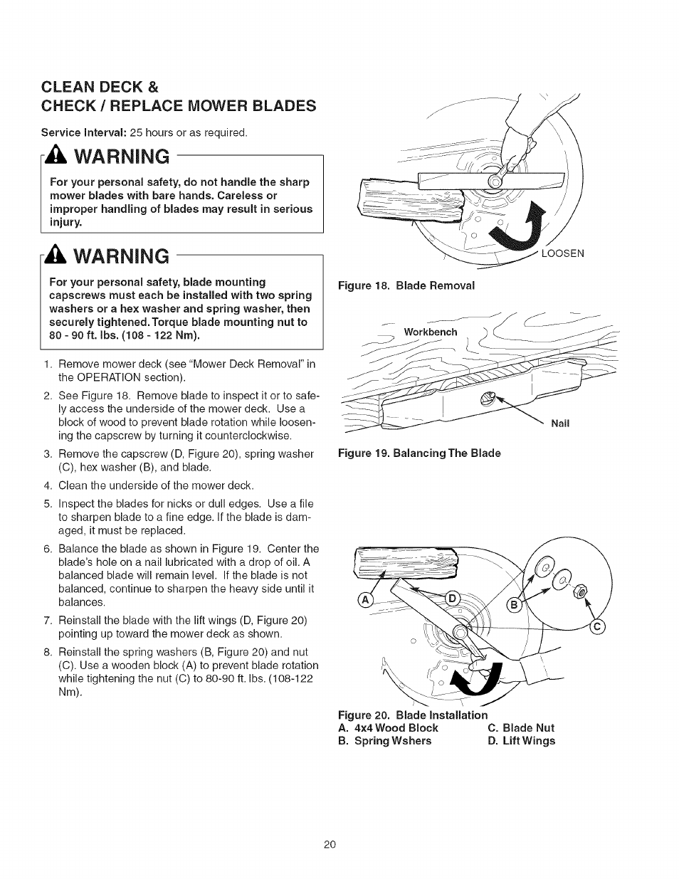 Clean deck, Check ! replace mower blades, A warning | Warning | Craftsman 107.27768 User Manual | Page 20 / 98