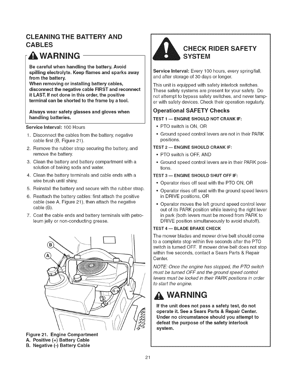 Cleaning the battery and cables, Warning, Check rider safety system | A warning | Craftsman 107.27768 User Manual | Page 21 / 98