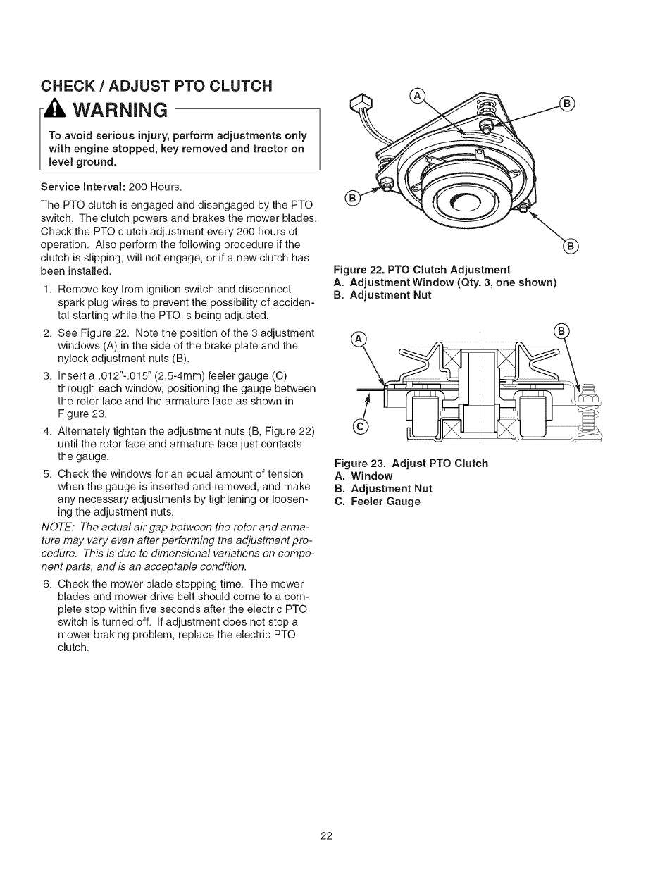 Check / adjust pto clutch, A warning, Warning | Craftsman 107.27768 User Manual | Page 22 / 98