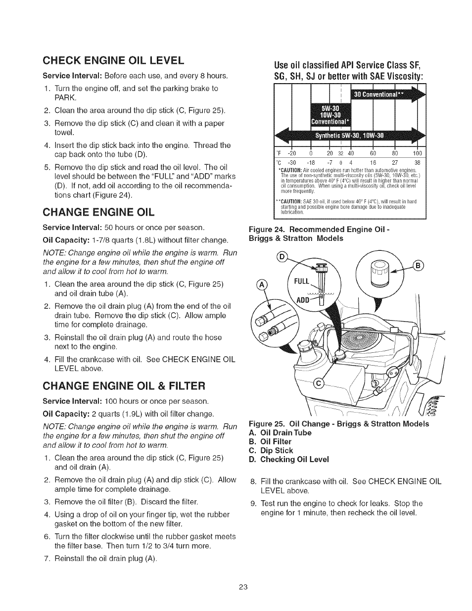 Check engine oil level, Change engine oil, Change engine oil & filter | Use oil classified api service class, Sg, sh, Or better with sae viscosity | Craftsman 107.27768 User Manual | Page 23 / 98