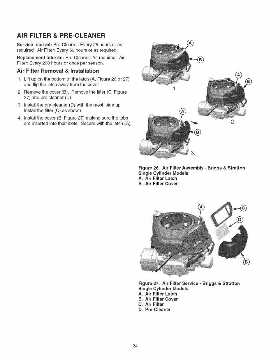 Air filter & pre-cleaner | Craftsman 107.27768 User Manual | Page 24 / 98