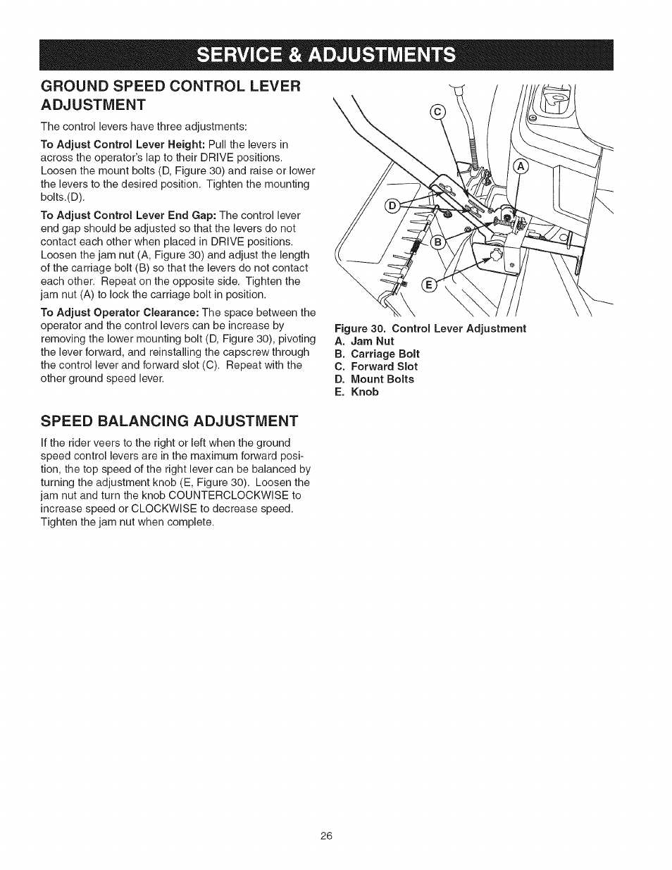 Service & adjustments, Ground speed control lever, Adjustment | Speed balancing adjustment | Craftsman 107.27768 User Manual | Page 26 / 98