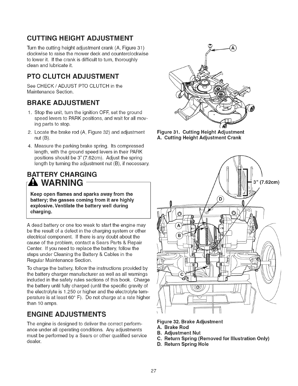 Cutting height adjustment, Pto clutch adjustment, Brake adjustment | A warning, Engine adjustments, Warning, Battery charging | Craftsman 107.27768 User Manual | Page 27 / 98