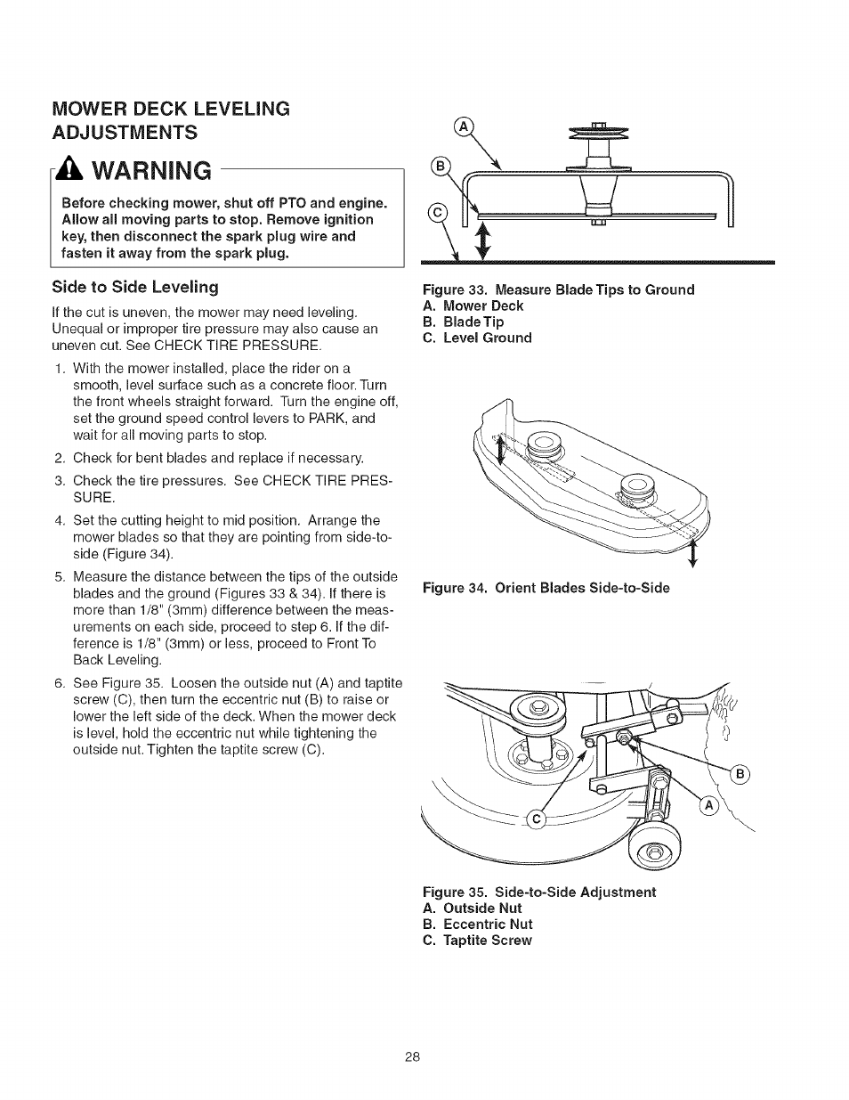 Mower deck leveling adjustments, A warning, Warning | Craftsman 107.27768 User Manual | Page 28 / 98