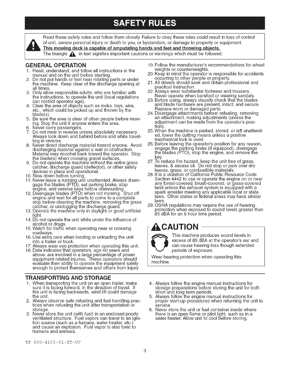 Safety rules, General operation, Acaution | Transporting and storage | Craftsman 107.27768 User Manual | Page 3 / 98